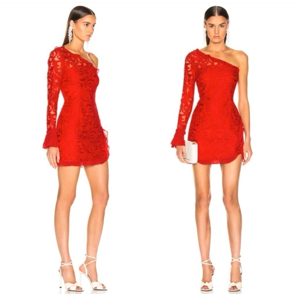 ALEXIS Tansy Red Lace One Shoulder Mini Ruffle Dress Womens XS